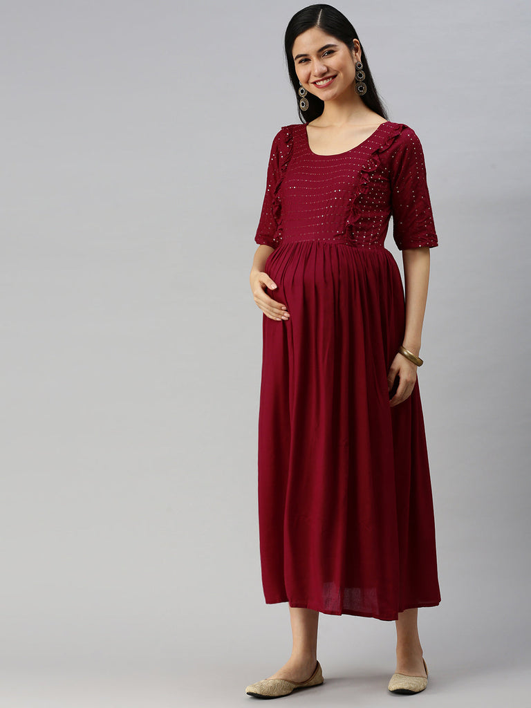 Maroon Maternity Ethnic Midi Dress