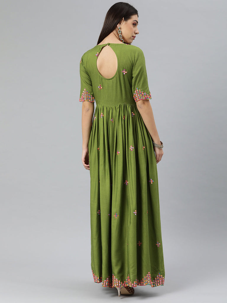 Olive Green Mirror Work Ethnic Maxi Dress