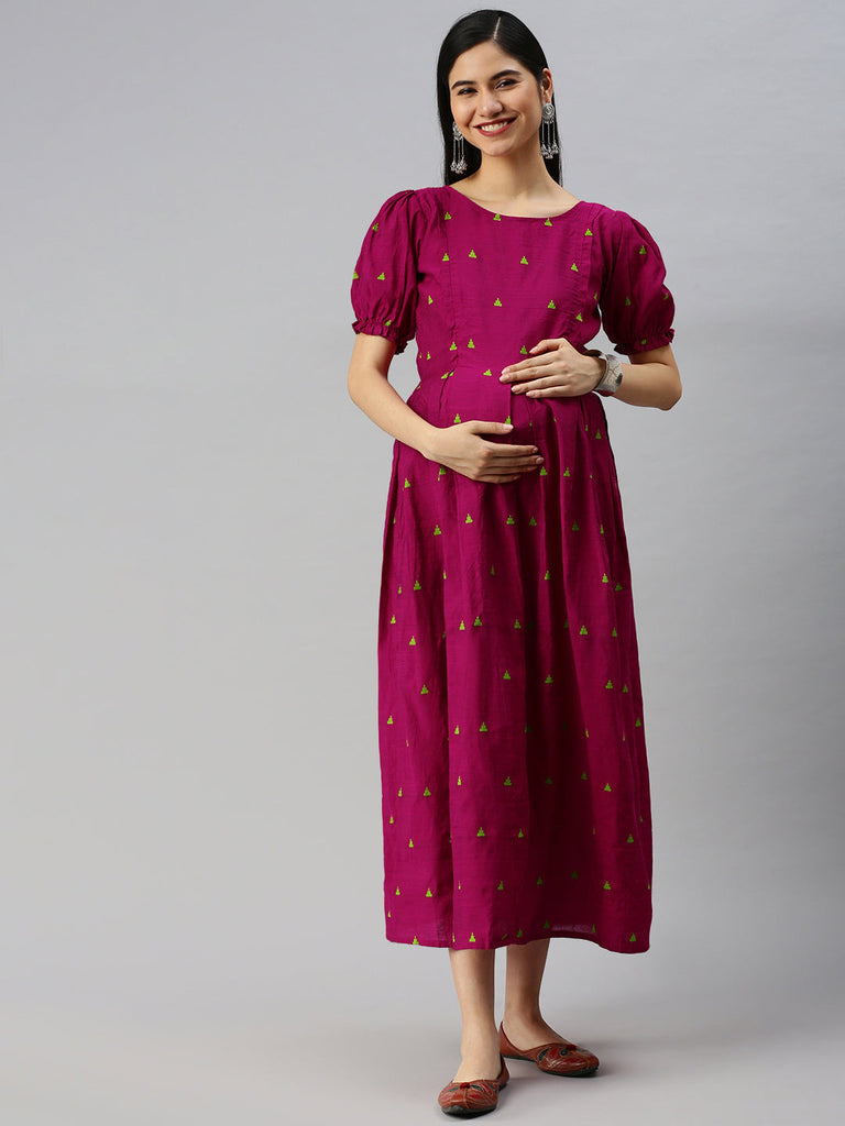 Pink Dupion Cotton Ethnic Motifs Maternity A-Line Midi Dress