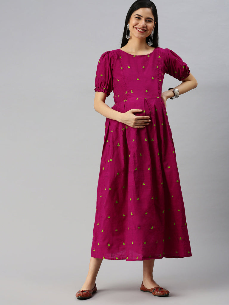 Pink Dupion Cotton Ethnic Motifs Maternity A-Line Midi Dress