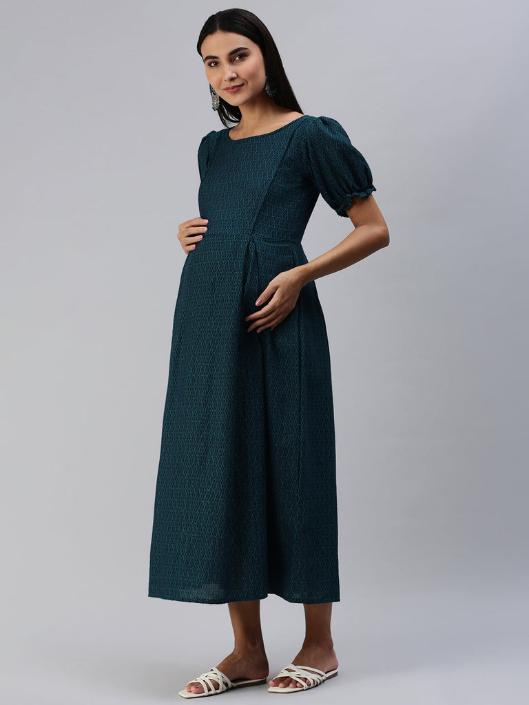 Teal Blue & Green Woven Design Maternity Midi Dress