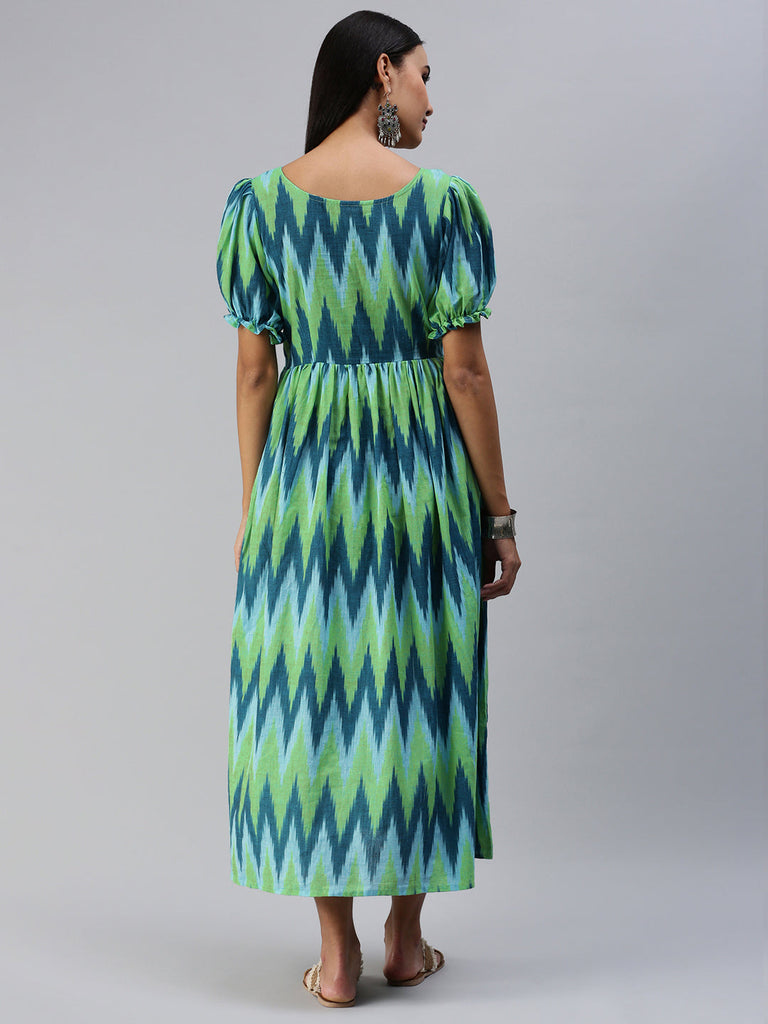 Green & Blue Chevron Print Maternity Midi Dress