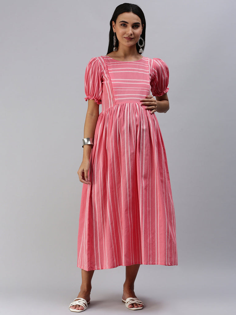 Pink & White Striped Maternity Midi Dress