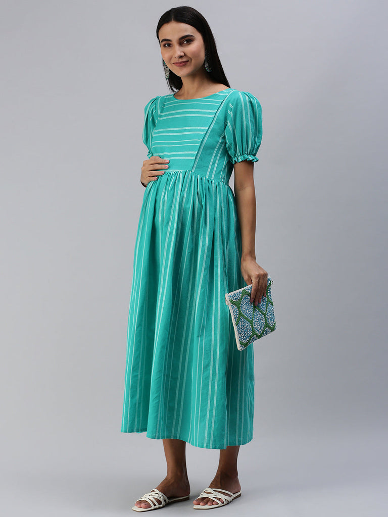 Turquoise Blue & White Striped Maternity Midi Dress