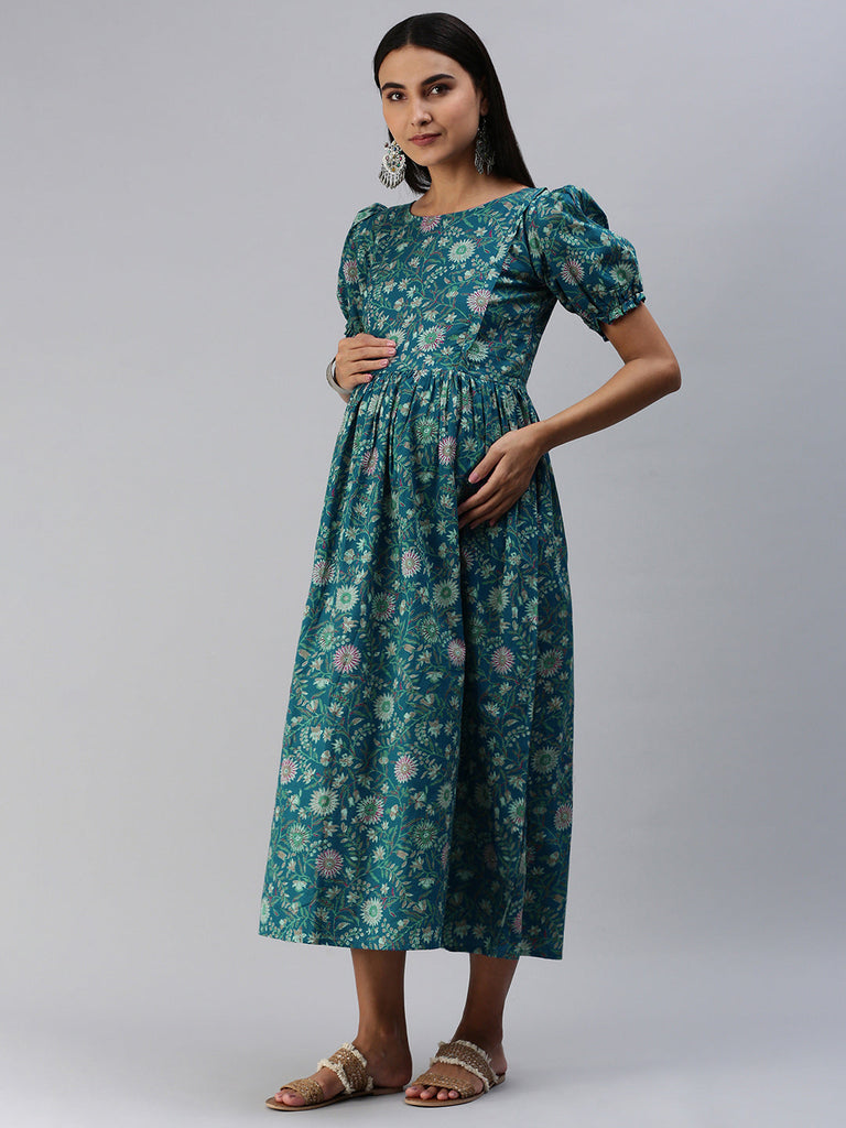 Blue & Green Floral Print Maternity Midi Dress
