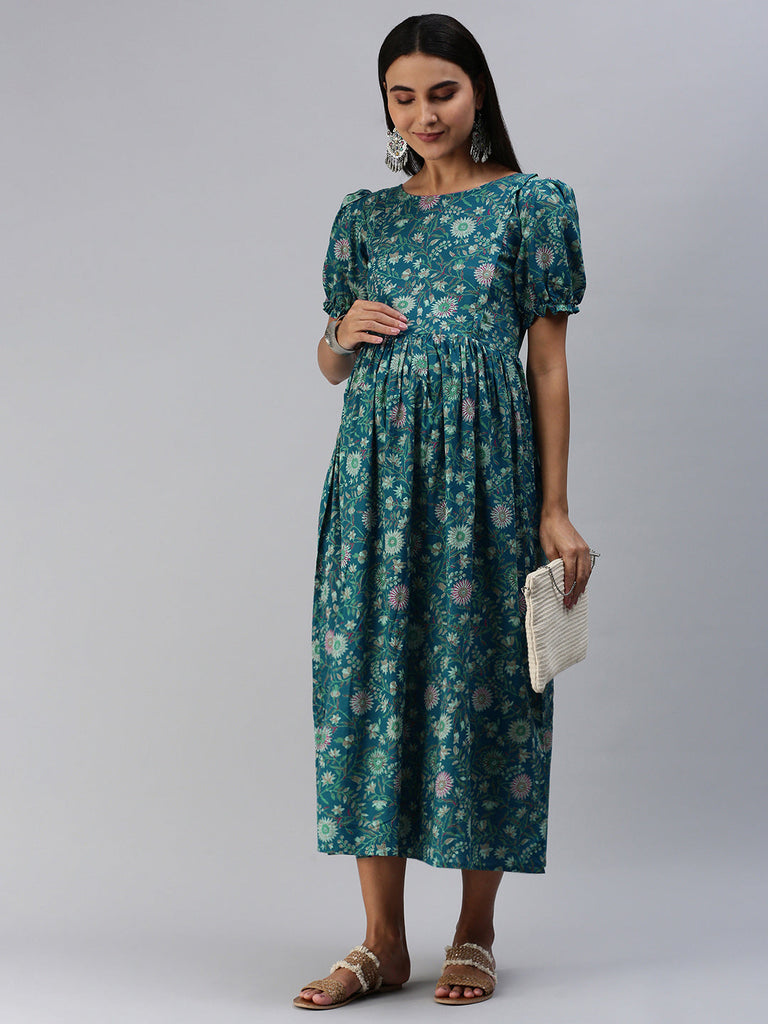 Blue & Green Floral Print Maternity Midi Dress