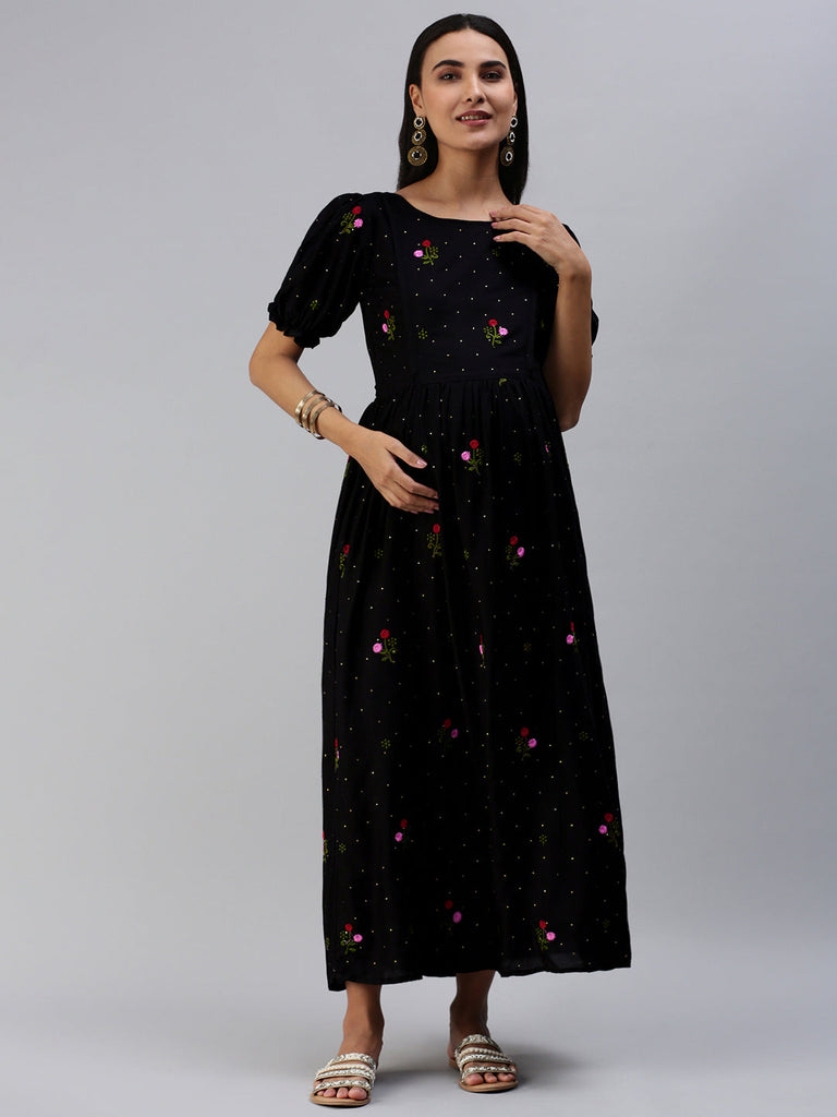 Black Floral Embroidered Maternity Maxi Dress