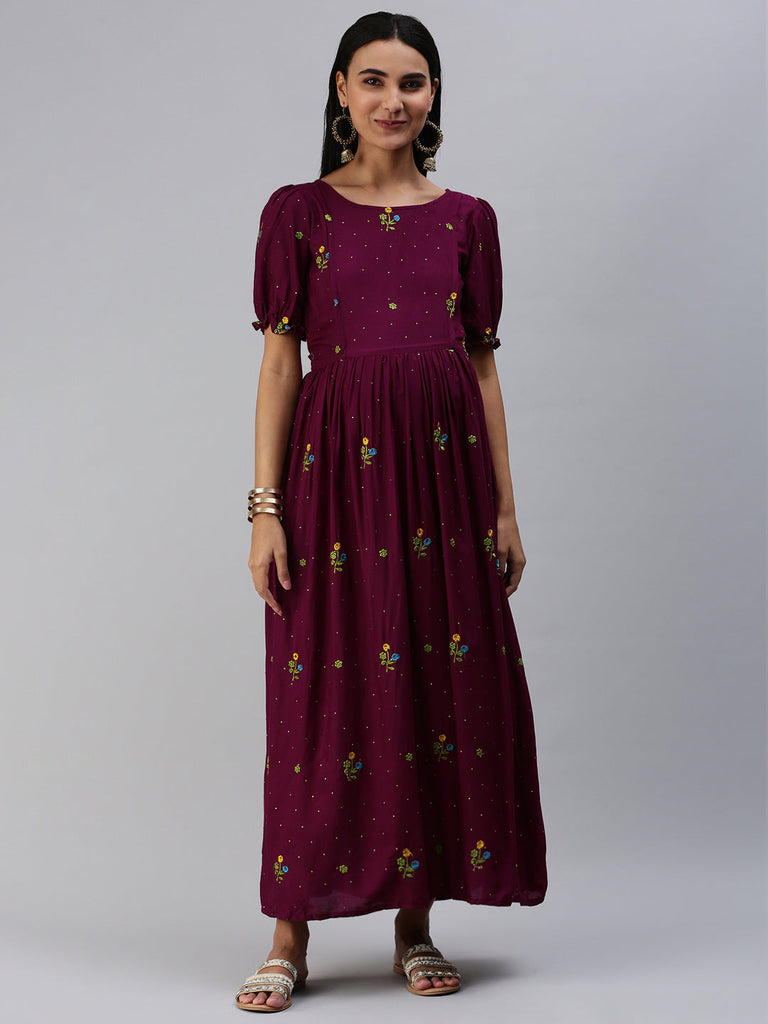 Burgundy Floral Embroidered Maternity Maxi Dress