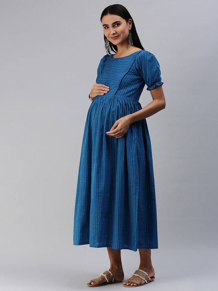 Blue & Yellow Striped Maternity Midi Dress