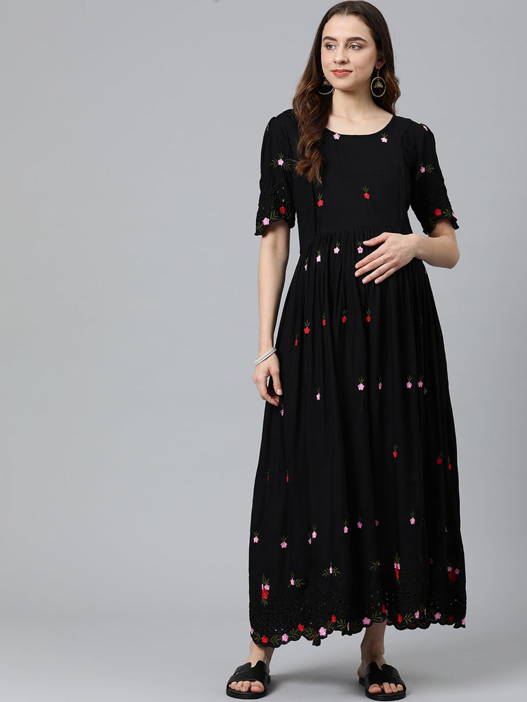 Black Floral Embroidered Fit & Flare Maternity Maxi Dress