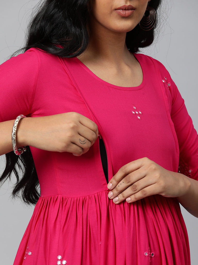 Pink embellished fit & flare ethnic dress