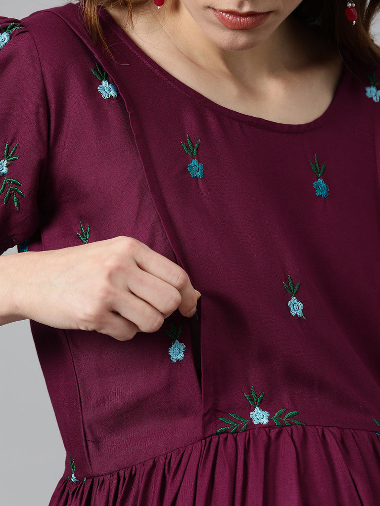 Burgundy floral embroidered fit & flare dress