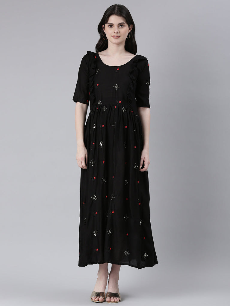 Black and red Embellished Embroidered Ruffled Maternity Fit & Flare Maxi Ethnic Dress