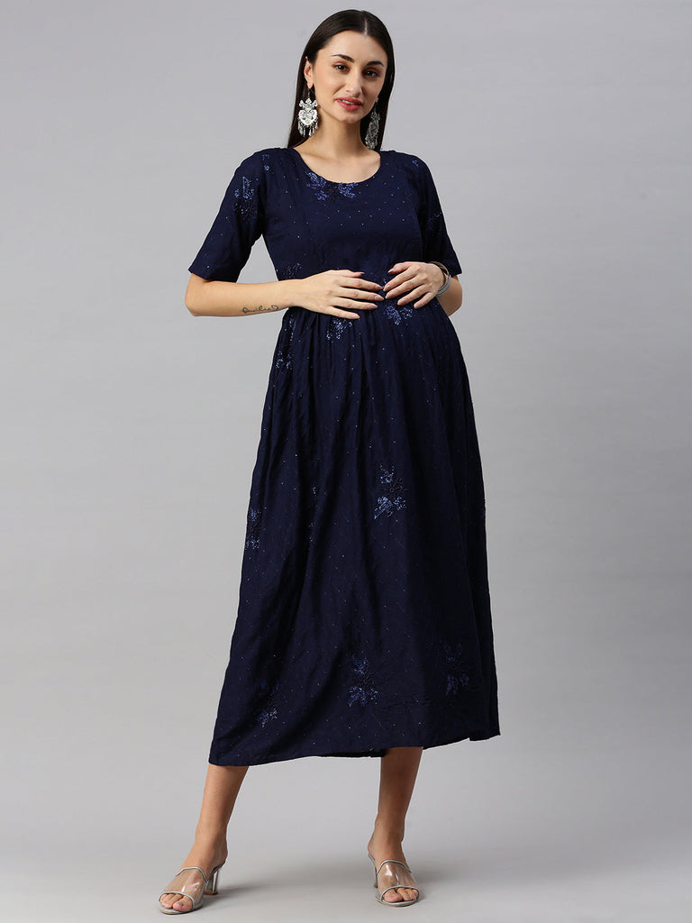 Navy blue solid embroidered Maternity Fit & Flare Maxi Dress