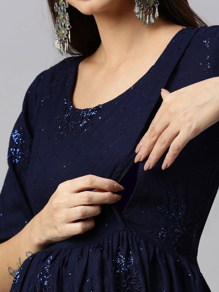 Navy blue solid embroidered Maternity Fit & Flare Maxi Dress