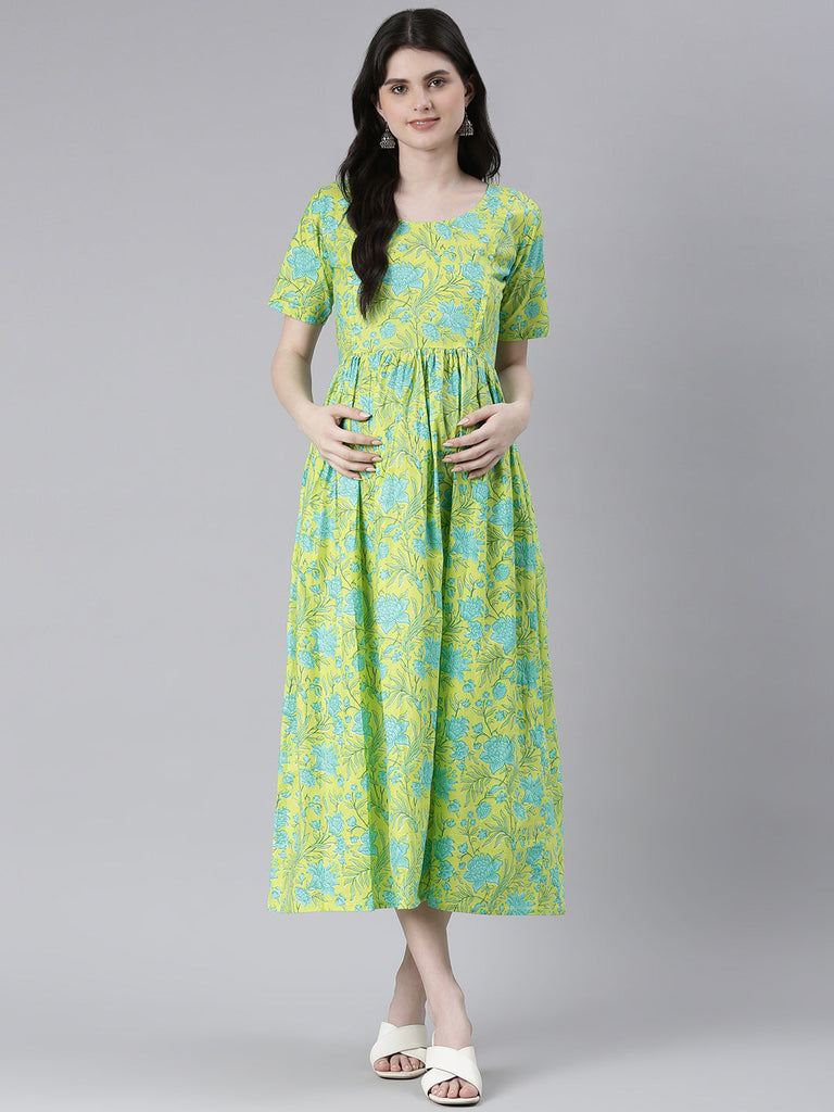 Green and blue Floral Print Maternity Fit & Flare Midi Ethnic Dress
