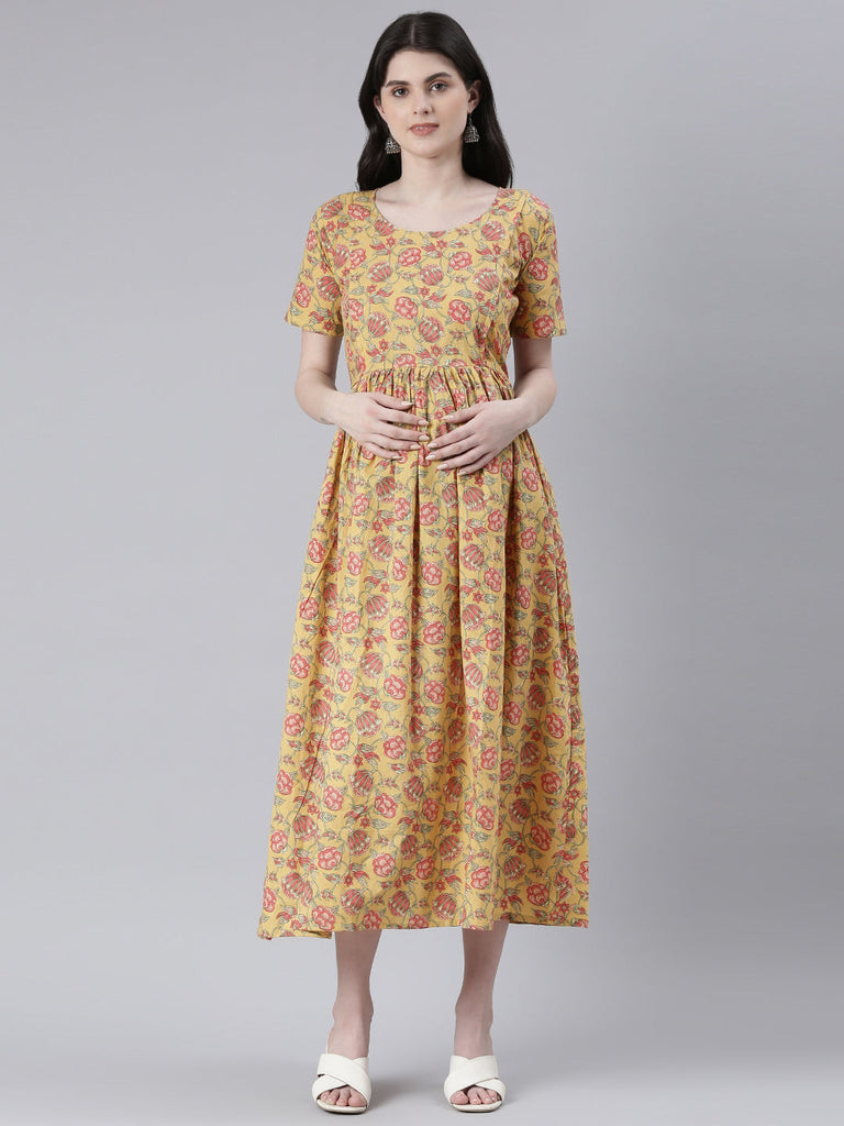 Yellow and pink Floral Print Maternity Fit & Flare Midi Ethnic Dress
