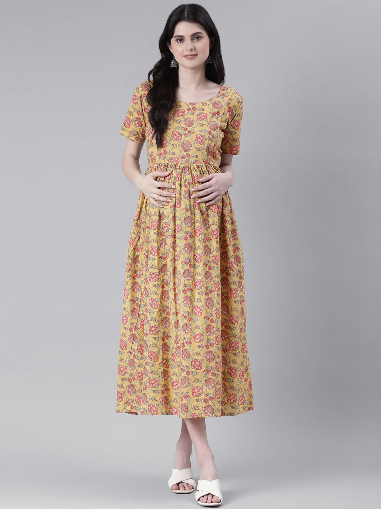 Yellow and pink Floral Print Maternity Fit & Flare Midi Ethnic Dress