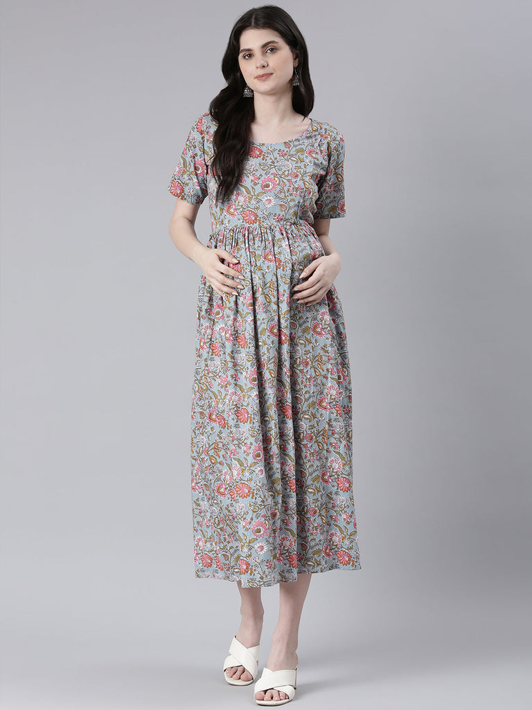 Blue and green Floral Print Maternity Fit & Flare Midi Ethnic Dress
