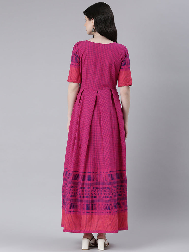 Pink and navy blue geometric Checked Maternity Fit & Flare Maxi Ethnic Dress