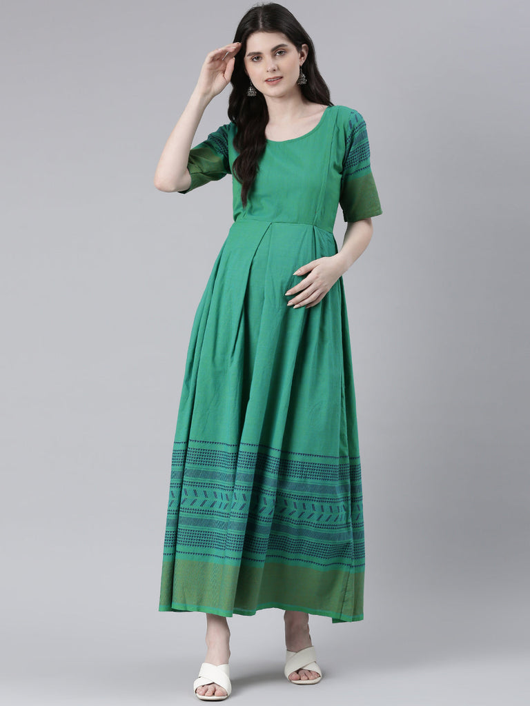 Green and navy blue geometric Checked Maternity Fit & Flare Maxi Ethnic Dress