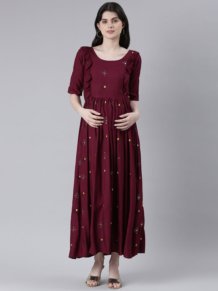 Maroon Embellished Embroidered Ruffled Maternity Fit & Flare Maxi Ethnic Dress