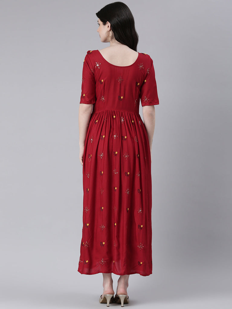 Red  Embellished Embroidered Ruffled Maternity Fit & Flare Maxi Ethnic Dress