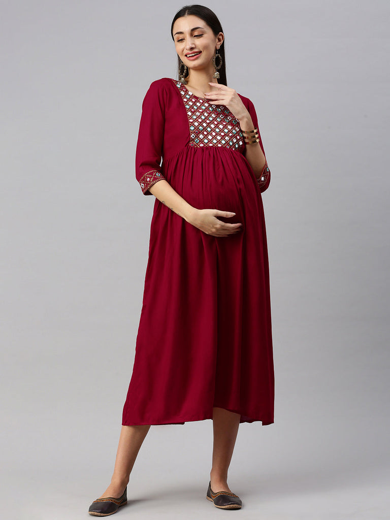 Red embroidered Maternity Fit & Flare Maxi Dress