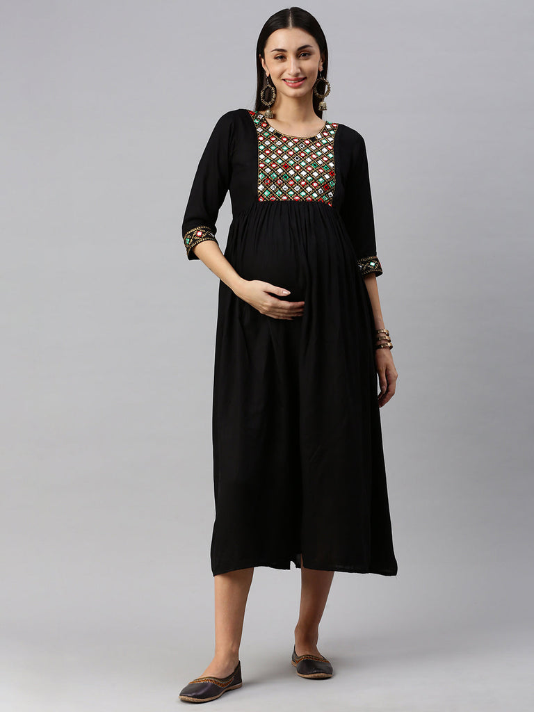 Black Solid Puff Sleeve Georgette Maternity Fit & Flare Maxi Dress