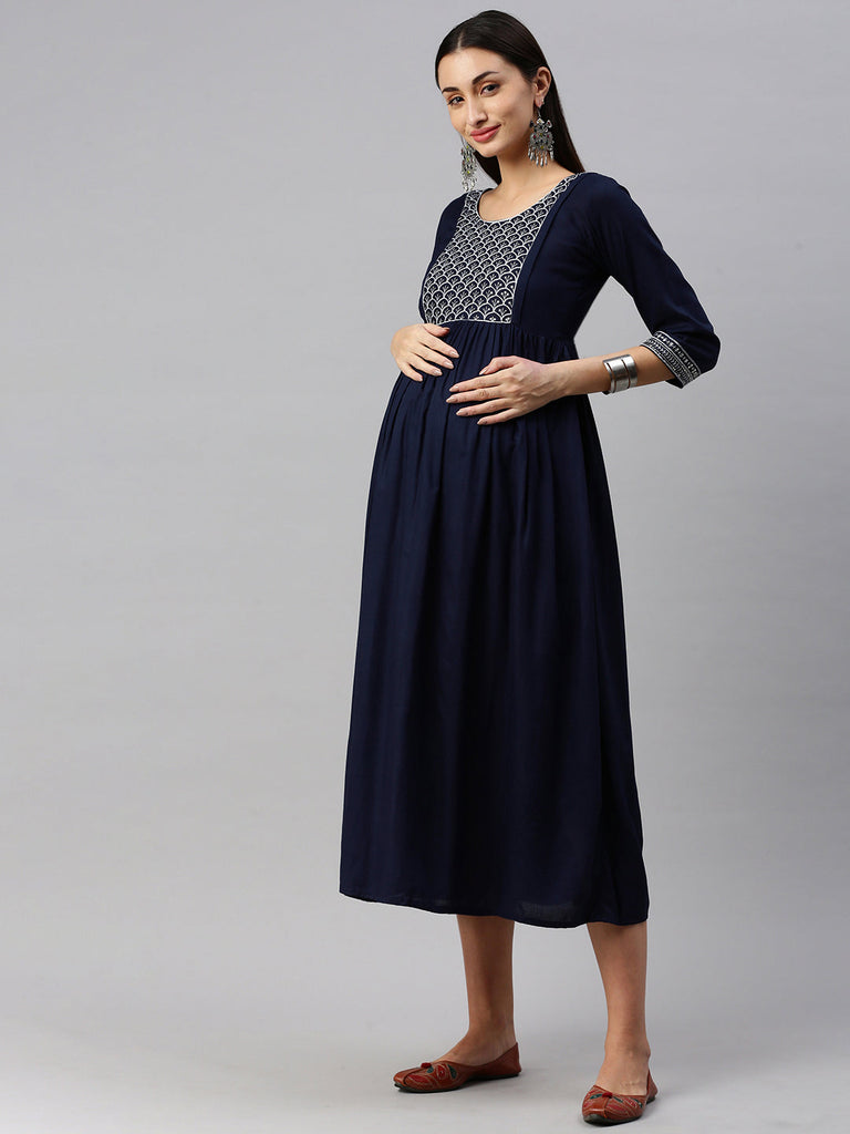 Blue embroidered Maternity Fit & Flare Maxi Dress