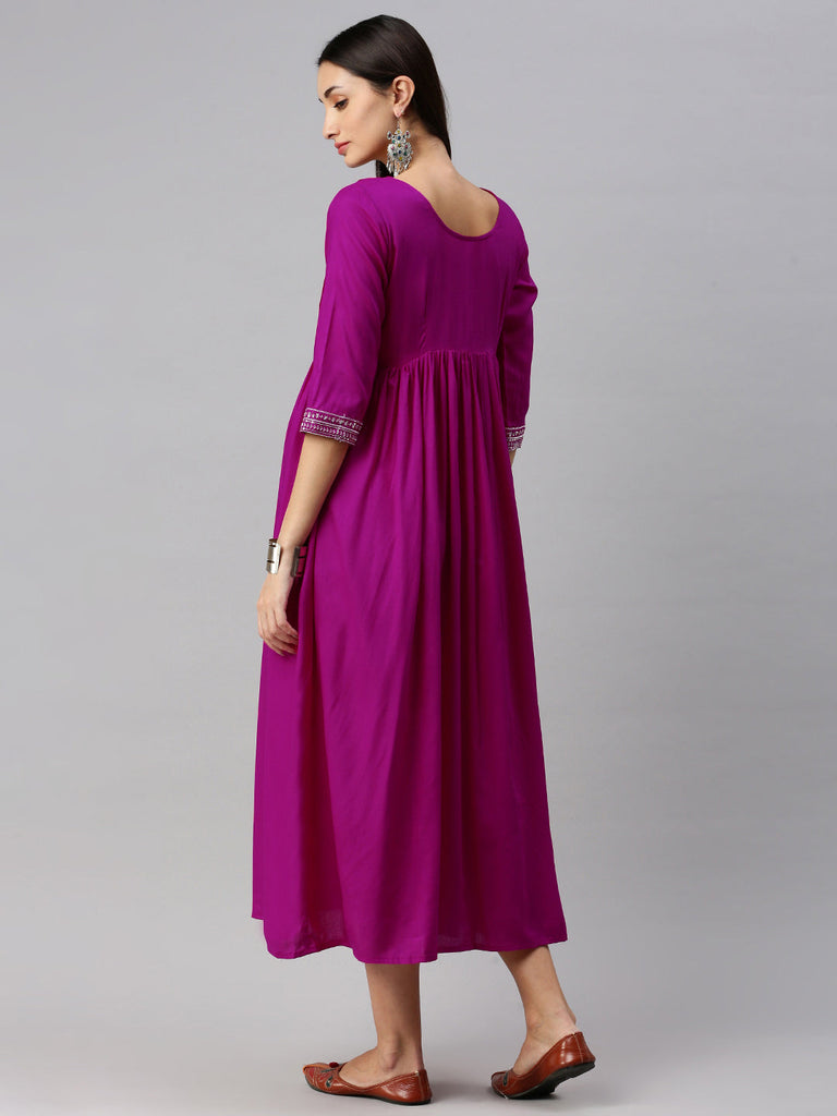 Magenta embroidered Maternity Fit & Flare Maxi Dress