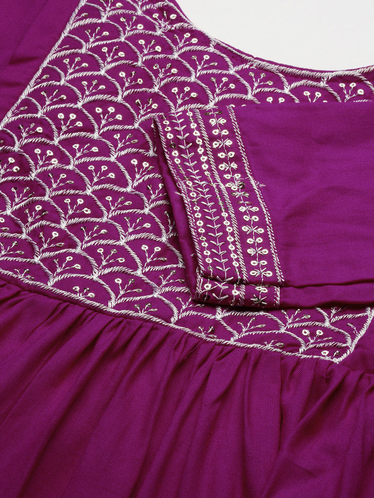 Magenta embroidered Maternity Fit & Flare Maxi Dress