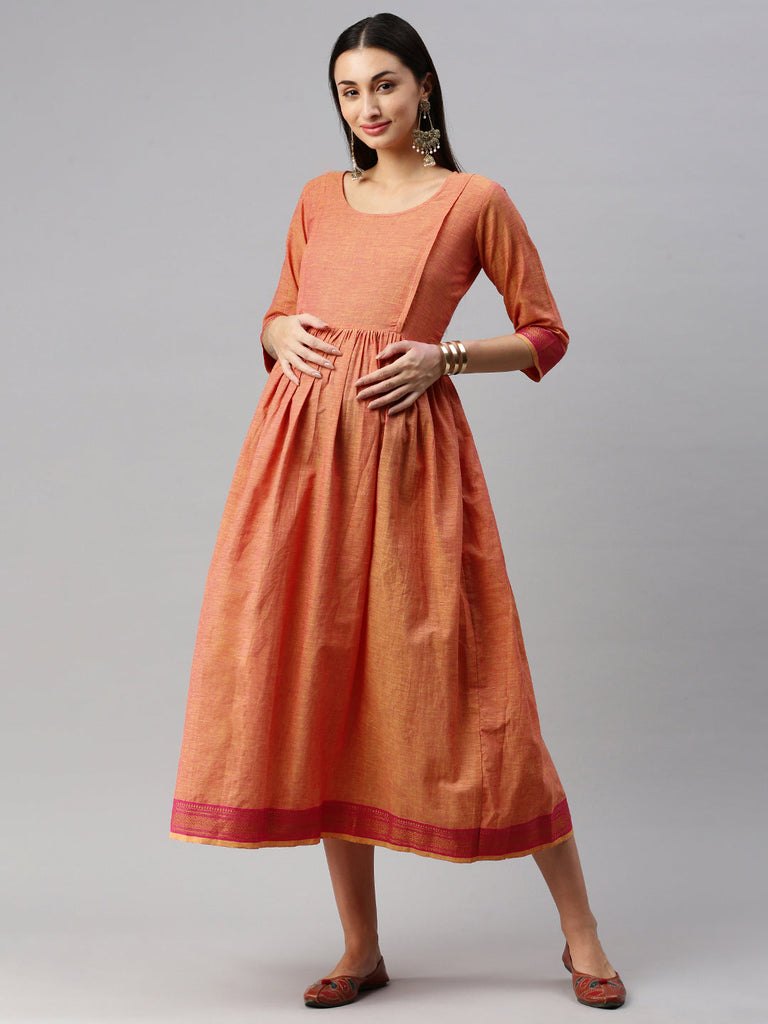 Orange solid Maternity Fit & Flare Maxi Dress