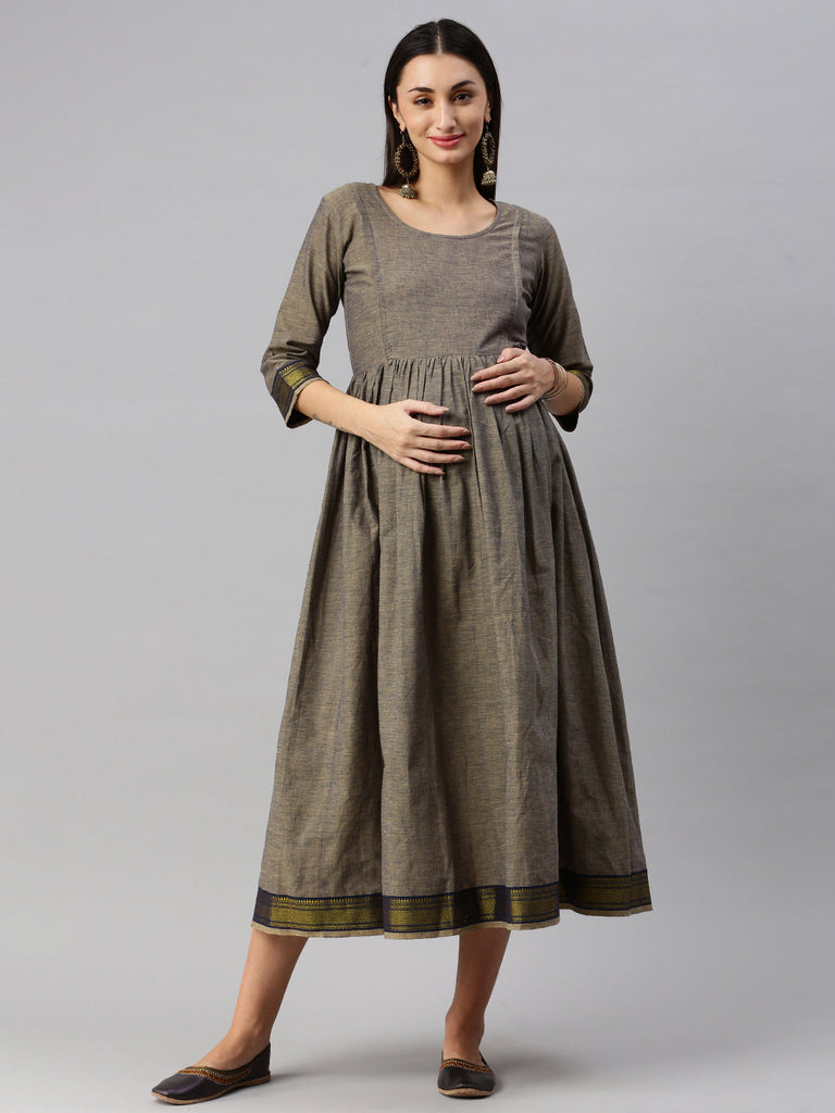 Grey solid Maternity Fit & Flare Maxi Dress