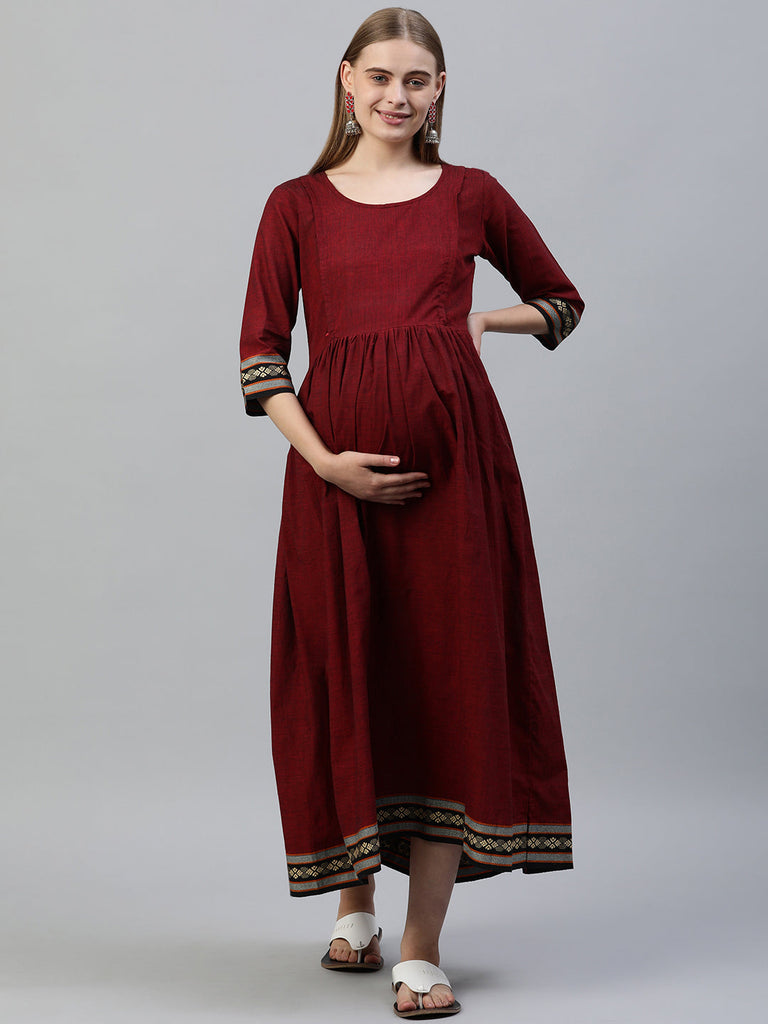 Maroon solid Maternity Fit & Flare Maxi Dress