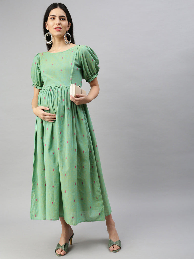 Green Puff Sleeves Embroidered Maternity A-Line Midi Dress