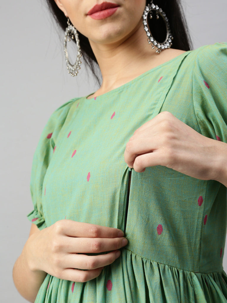 Green Puff Sleeves Embroidered Maternity A-Line Midi Dress