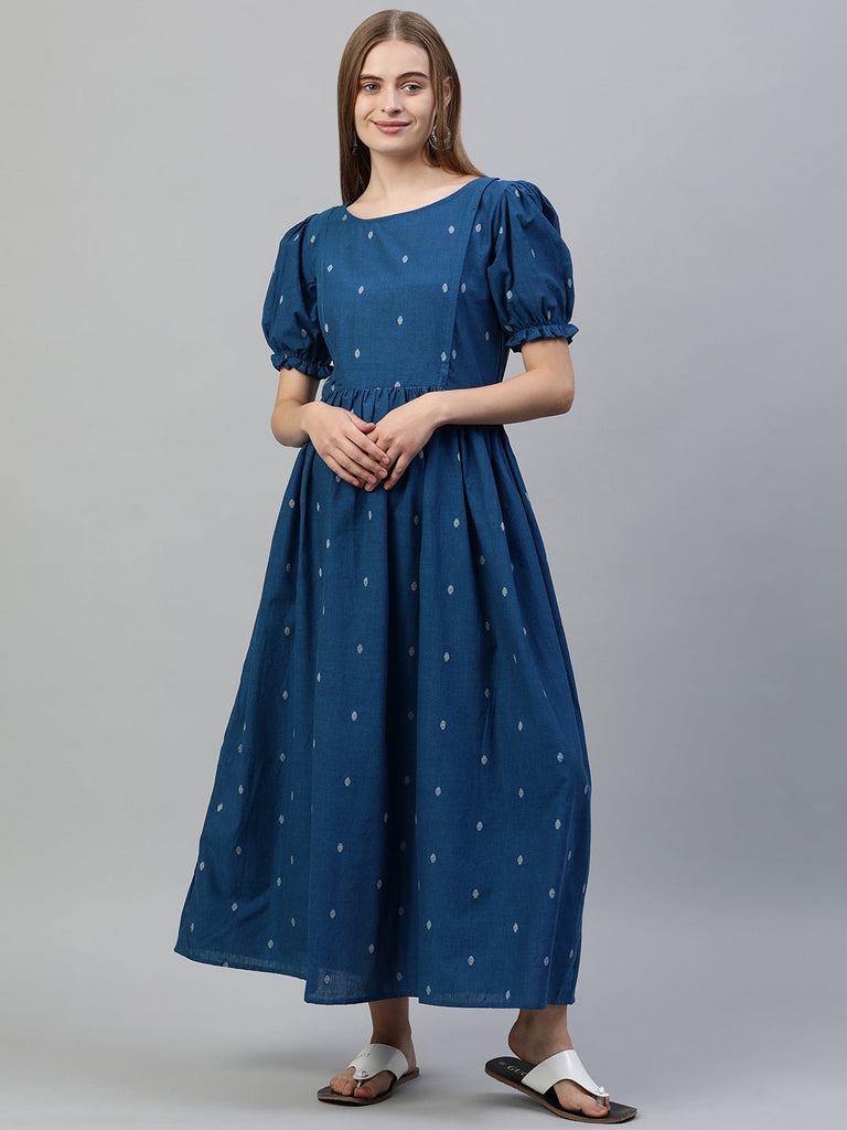 Blue Print Puff Sleeve Maternity Fit & Flare Cotton Maxi Dress