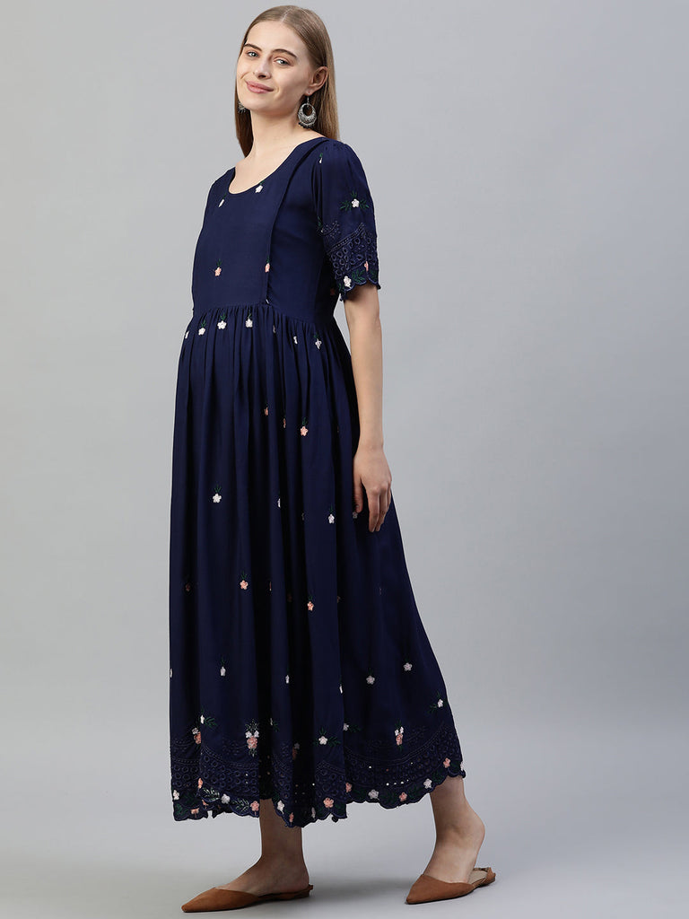 Blue Floral Embroidered Maternity fit and flared Maxi Dress