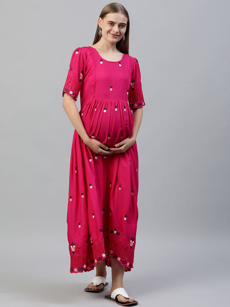 Pink Floral Embroidered Maternity fit and flared Maxi Dress