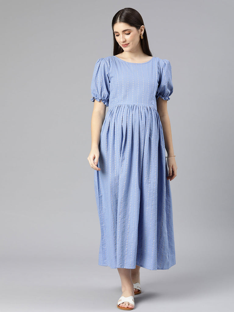 Blue Self Design Puff Sleeve Maternity Fit & Flare Maxi Dress