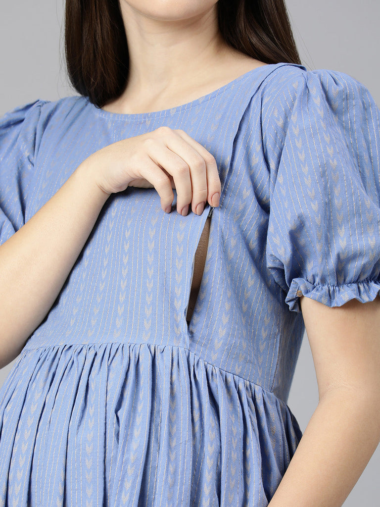 Blue Self Design Puff Sleeve Maternity Fit & Flare Maxi Dress
