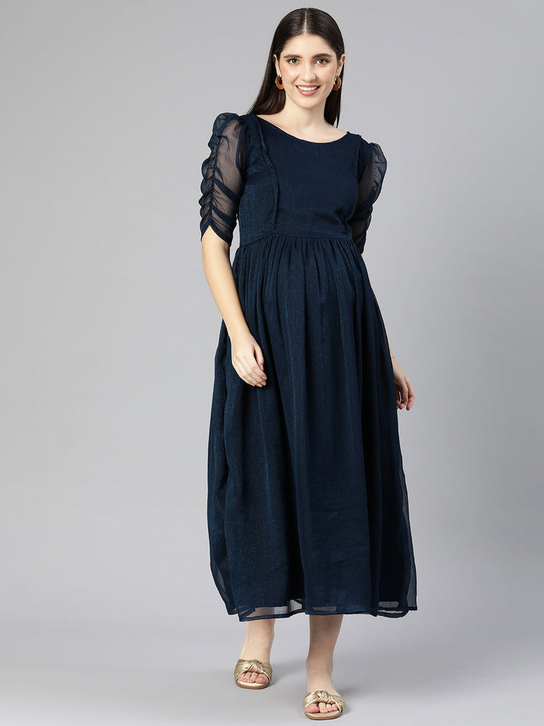 Blue Puff Sleeve Georgette Maternity Fit & Flare Maxi Dress