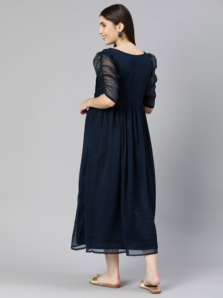 Blue Puff Sleeve Georgette Maternity Fit & Flare Maxi Dress
