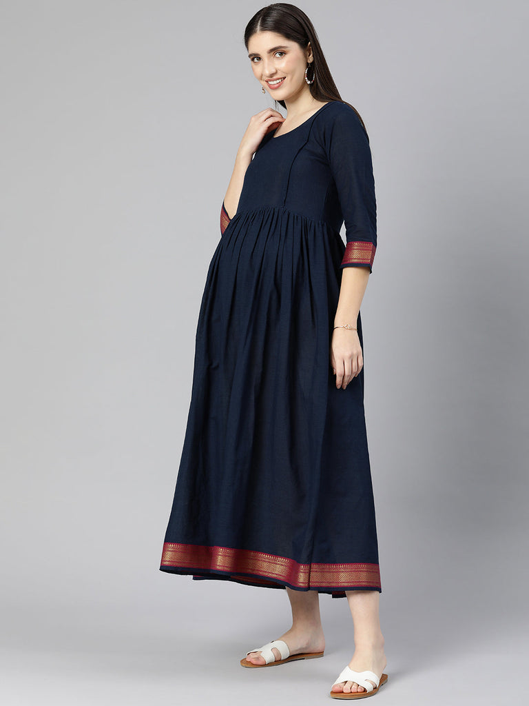 Navy Blue Self Design Maternity Fit & Flare Maxi Dress