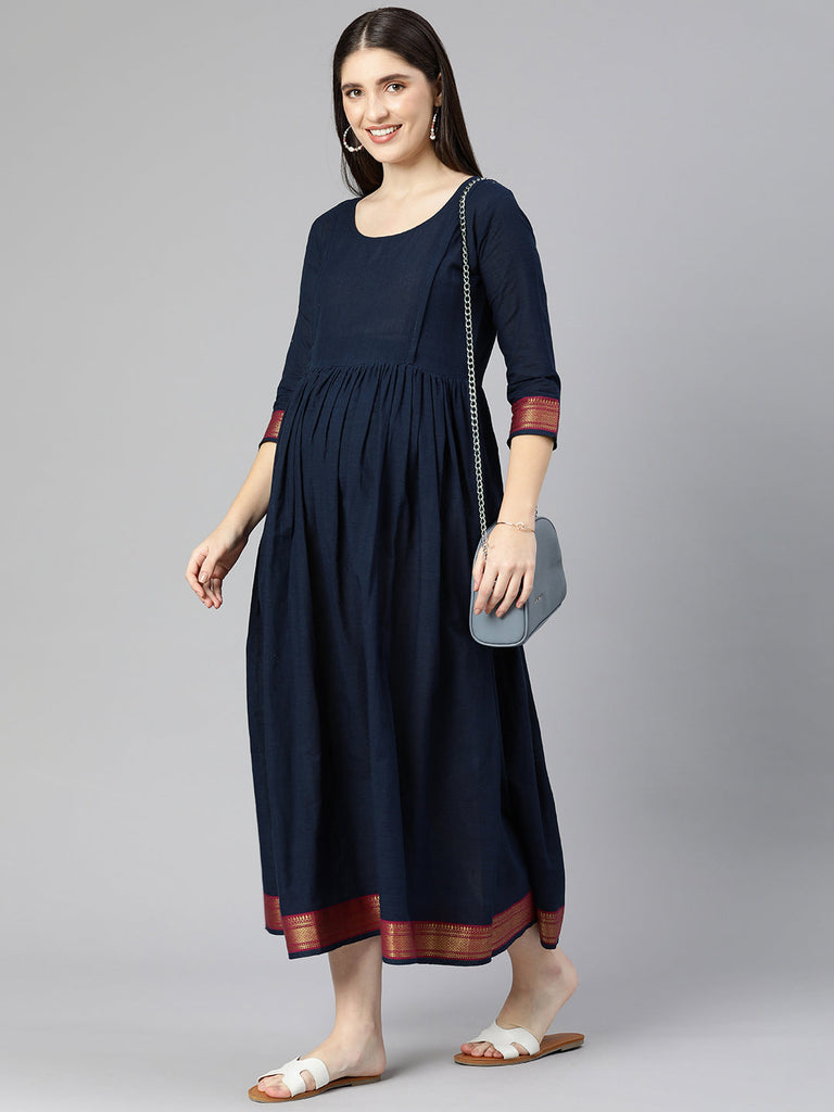 Navy Blue Self Design Maternity Fit & Flare Maxi Dress