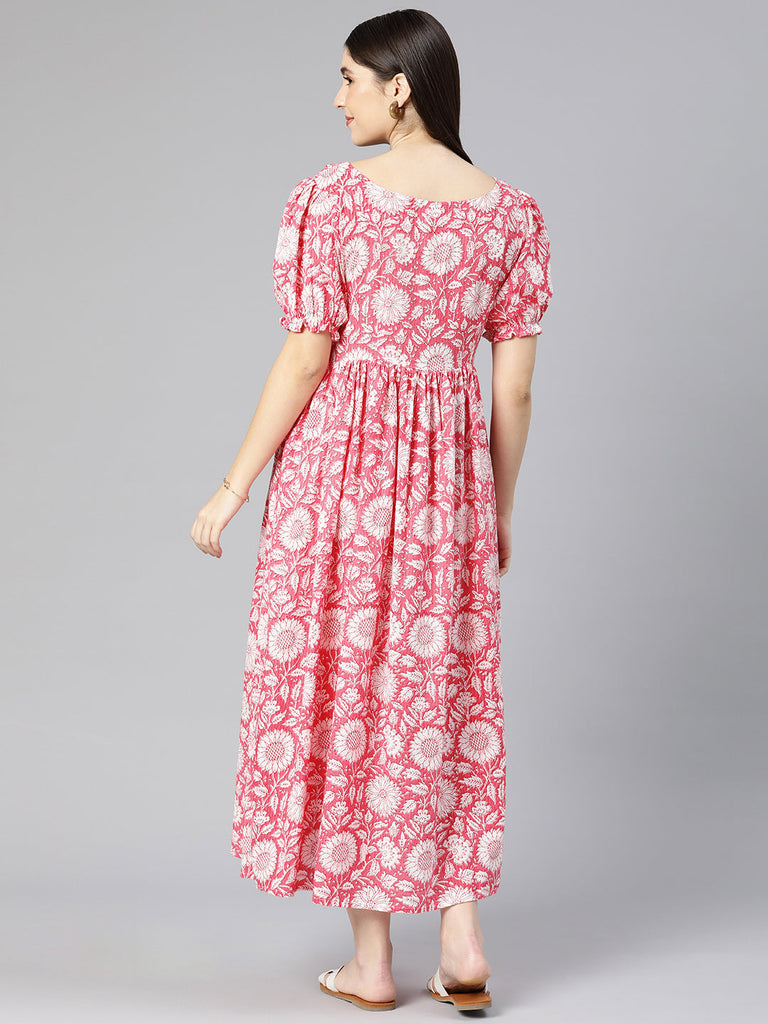 Pink Floral Printed Puff Sleeve Maternity Fit & Flare Maxi Dress