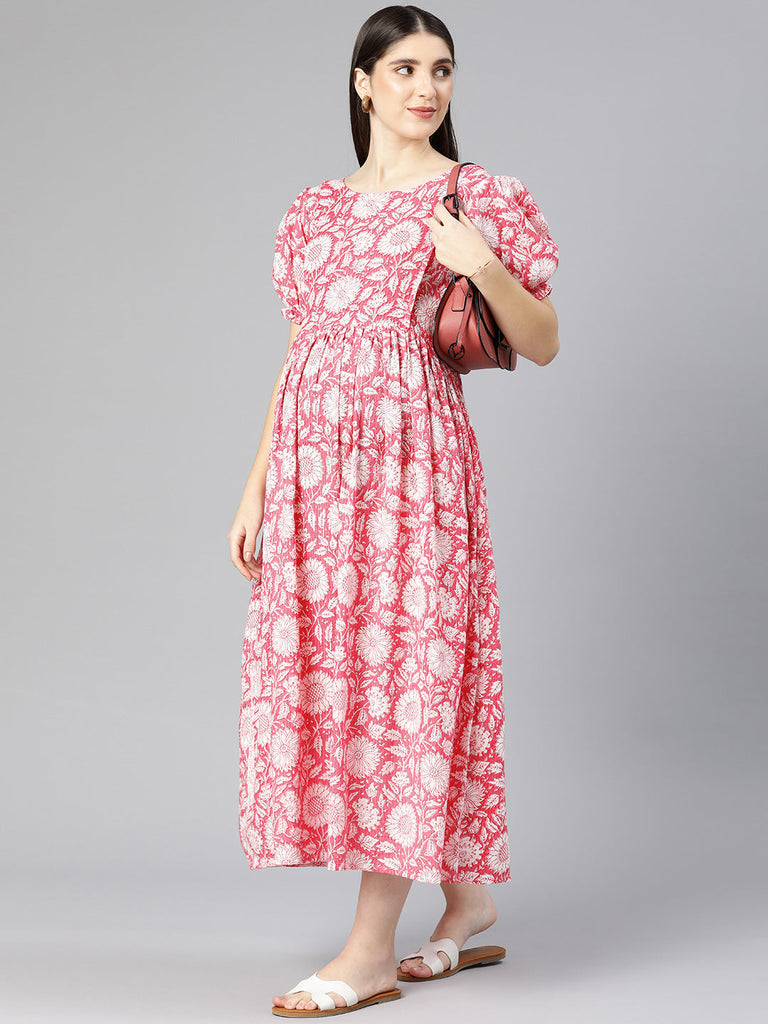 Pink Floral Printed Puff Sleeve Maternity Fit & Flare Maxi Dress
