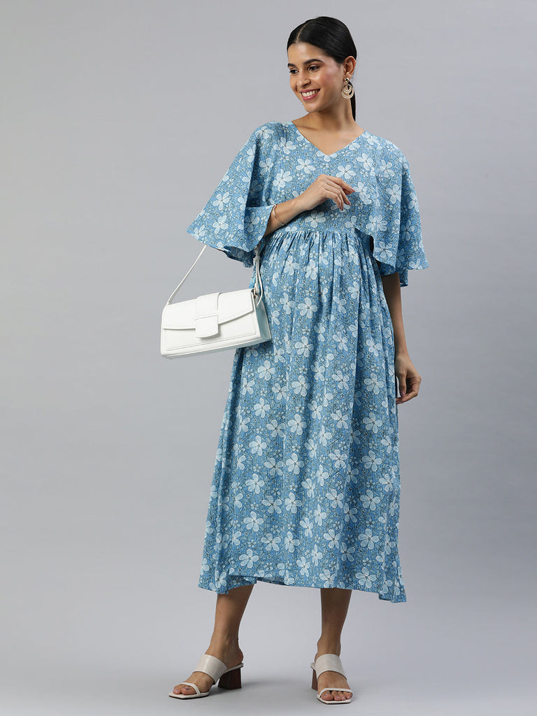 Blue Floral Print Gathered Flared Sleeve Maternity Fit & Flare Midi Dress