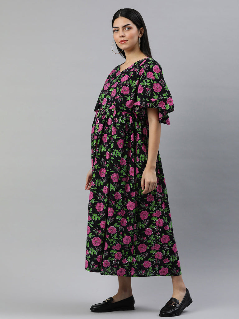 Black Floral Print Gathered Flared Sleeve Maternity Fit & Flare Midi Dress
